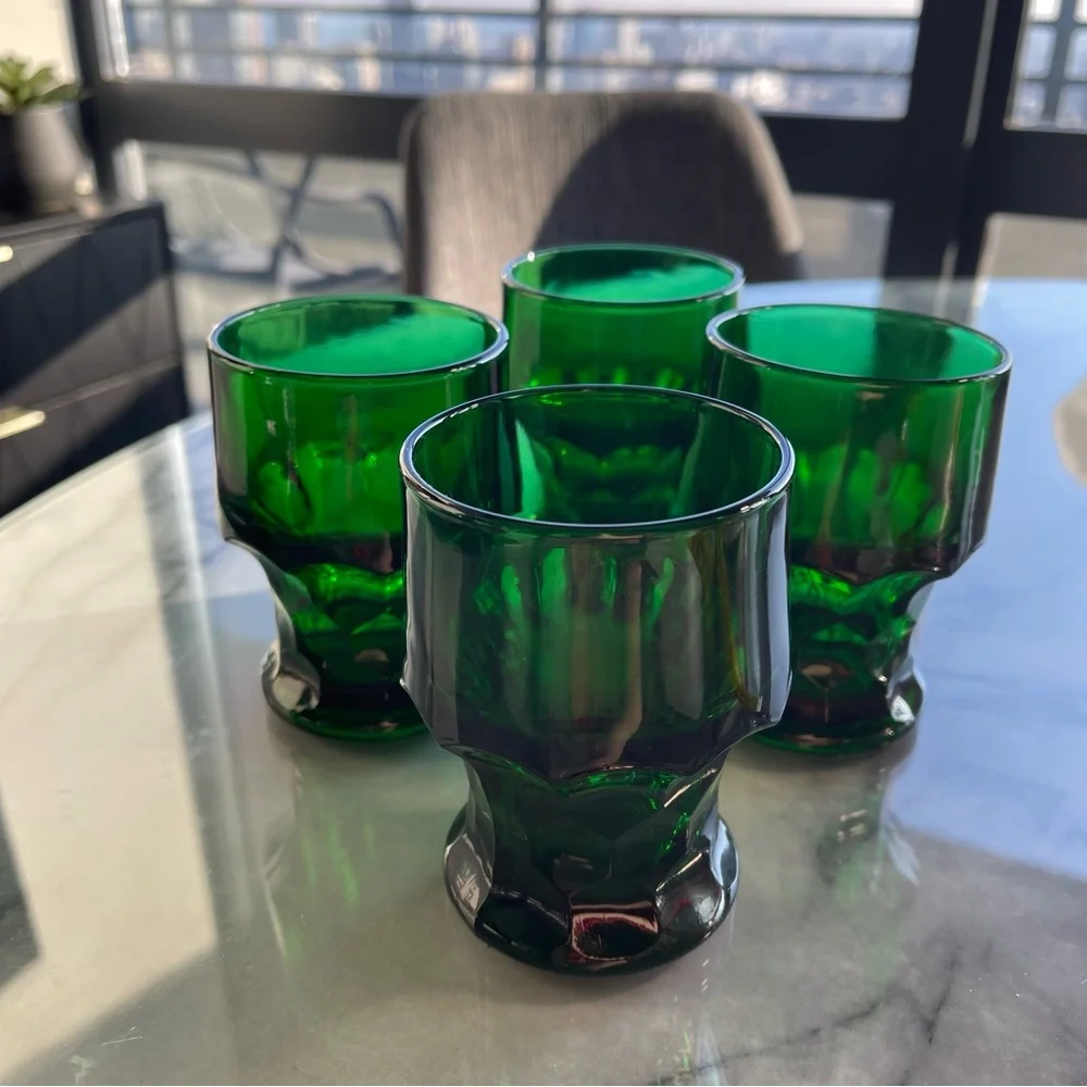 Vintage Emerald Green MCM Tumbler Glasses Excellent Condition Set 4